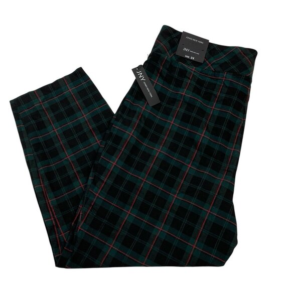 Jones New York Pants Women 2X Green Tartan Plaid Pull On Slim Leg Holiday - Picture 1 of 10